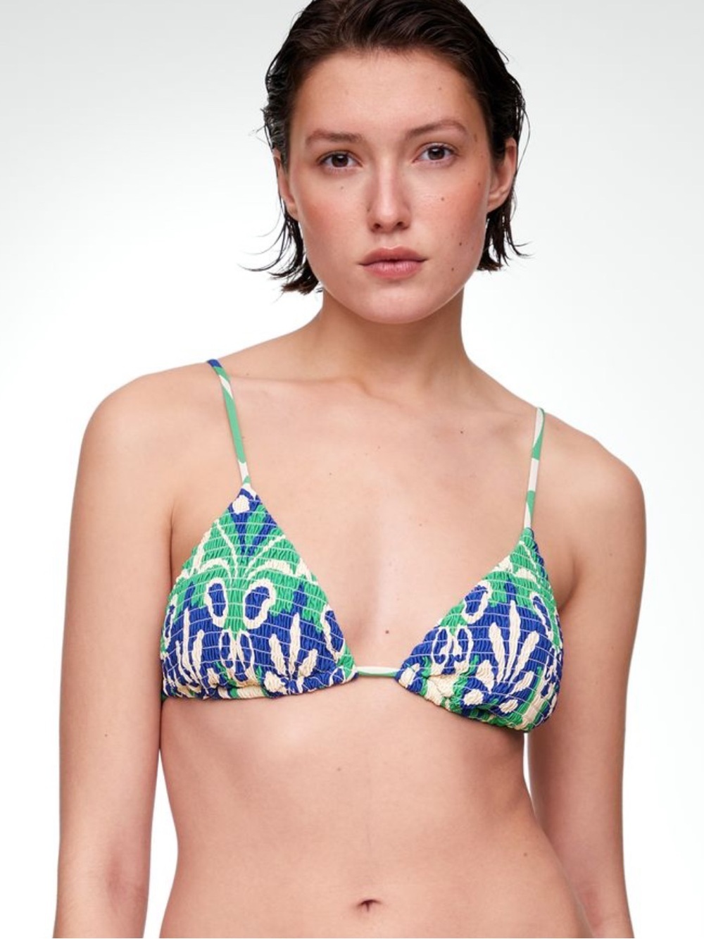 Women's Bikini Top Green Blue White Floral Smocked Textured Strappy Triangle